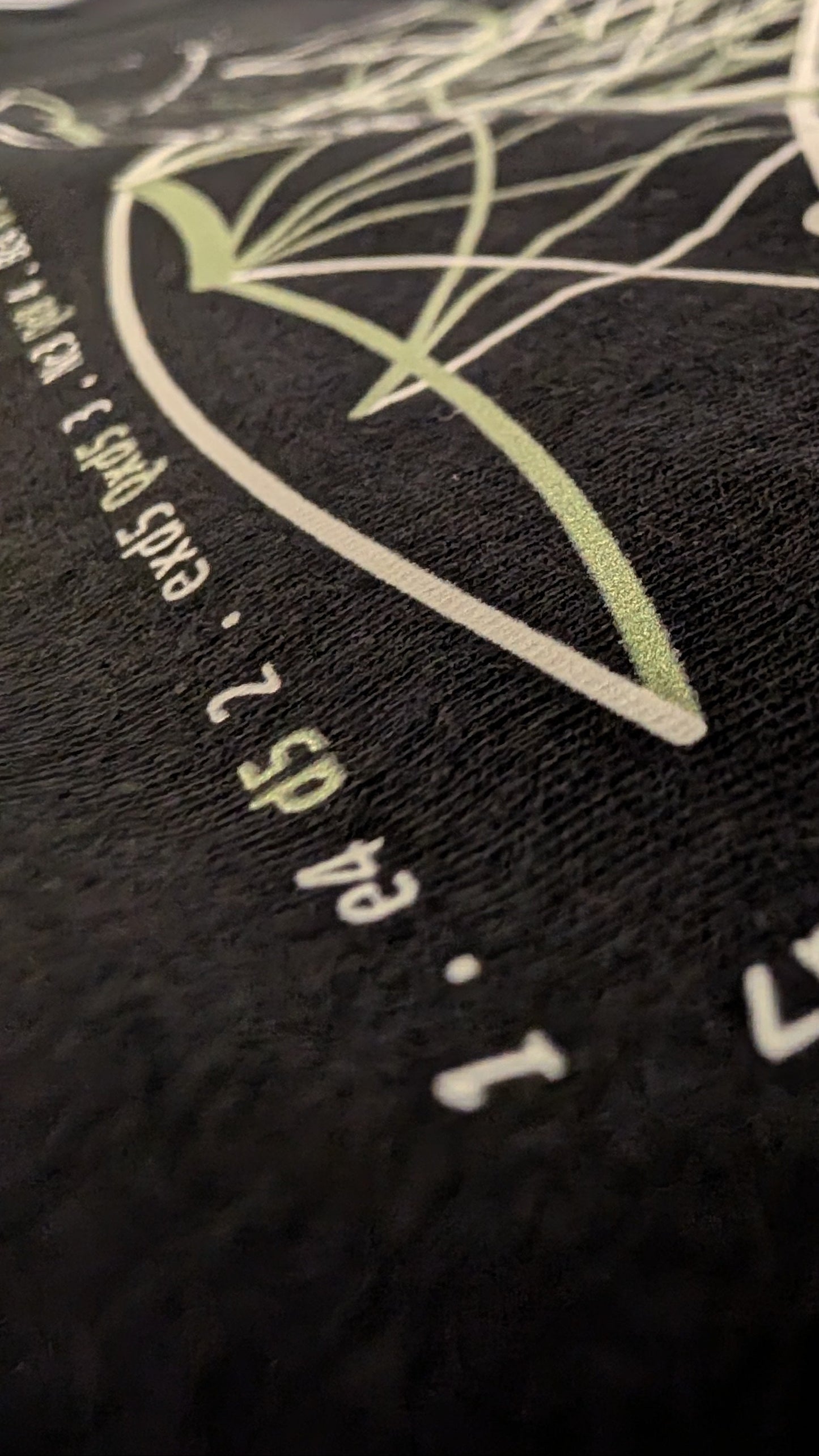Close up of notation and mandala on back of tee