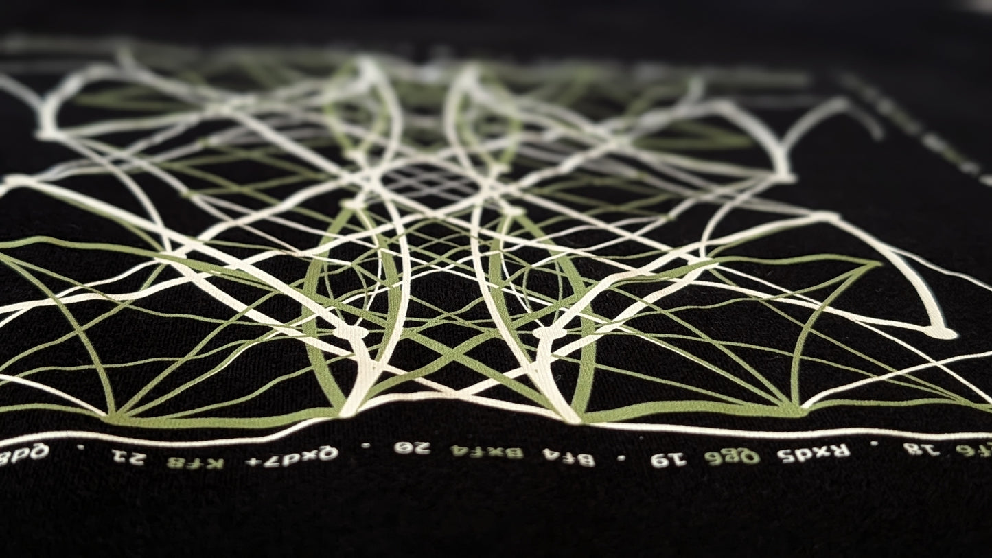 Close up shot of the mandala and notation surrounding the 1475 tee