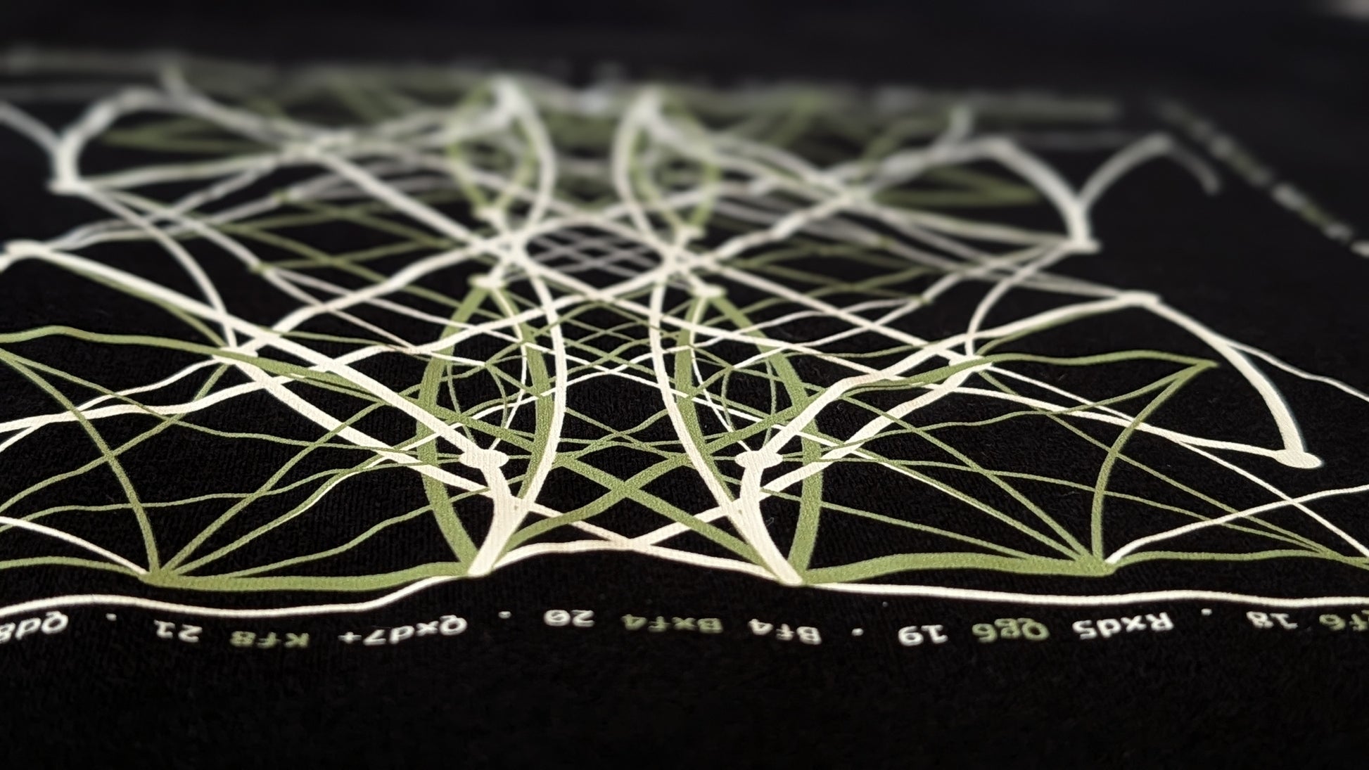 Close up shot of the mandala and notation surrounding the 1475 tee